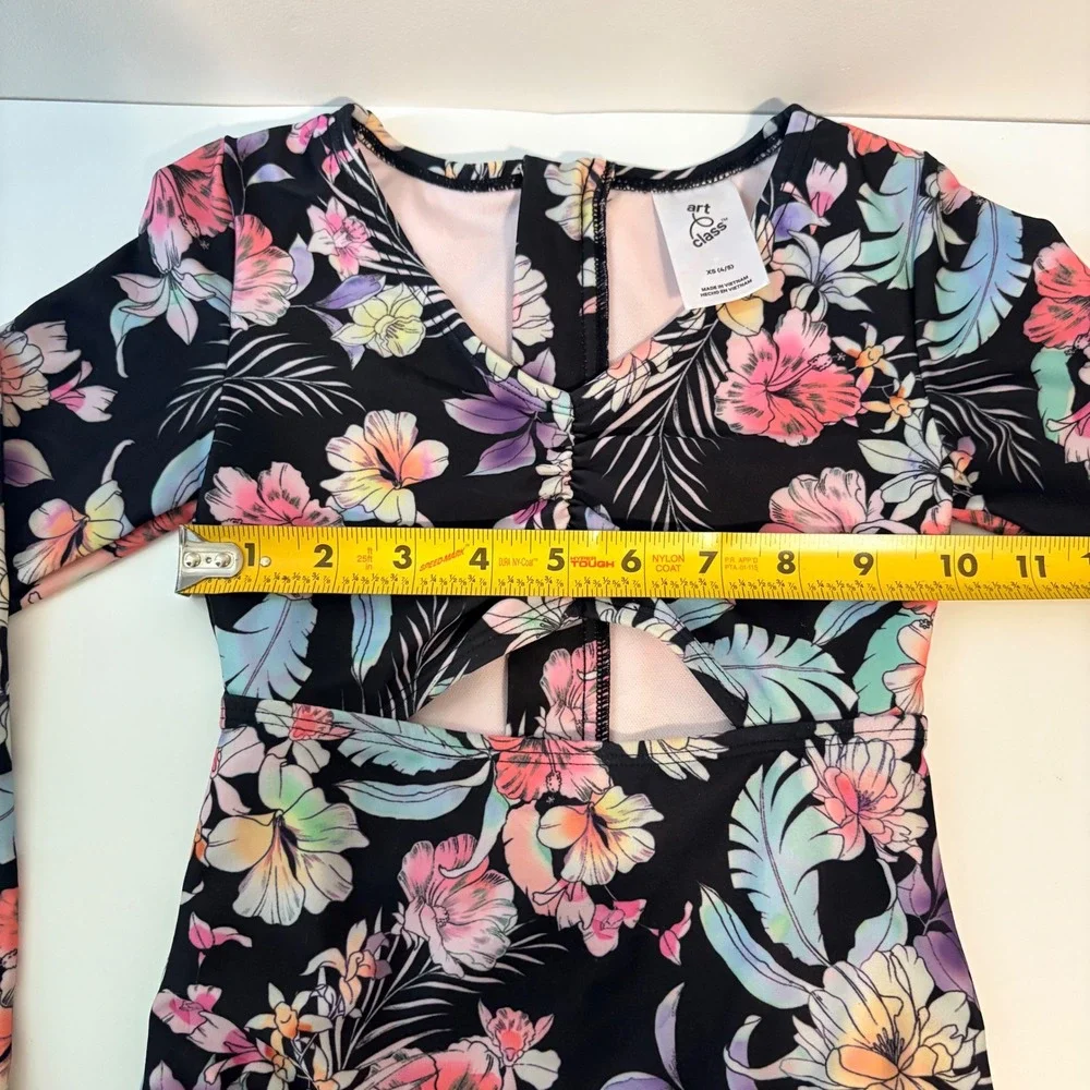 Art Class Swimsuit One Piece Floral Cutout Girls Size XS 4/5 Black Long Sleeved